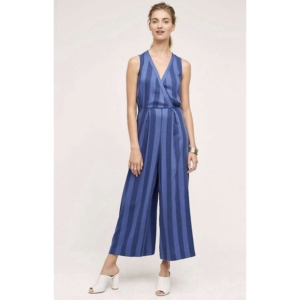 Anthropologie Nomad Morgan Carper Blue Striped Wide Leg Jumpsuit Size Large NWT